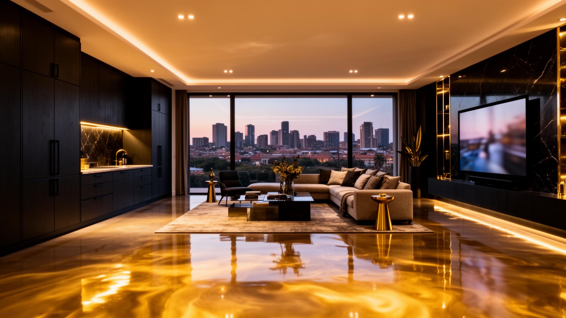 Luxury renovated South African home interior with epoxy floor